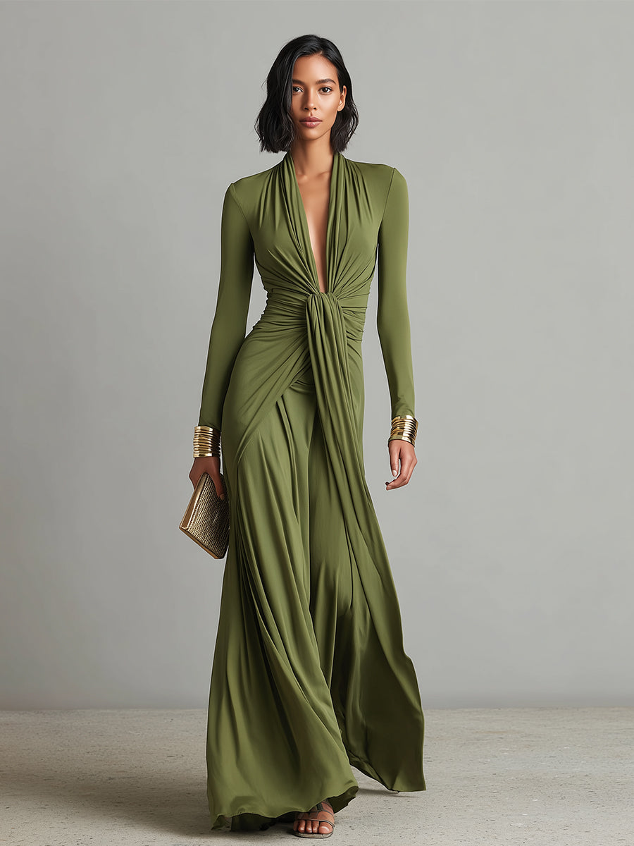 Oliv zijde maxi-jurk met V-hals
