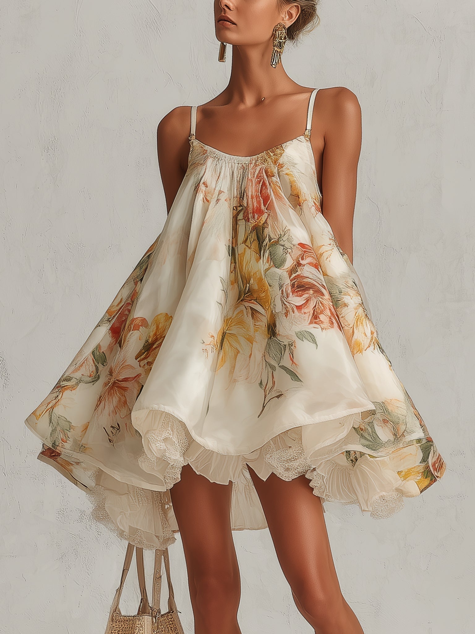Blanche | Mini-trapeze-jurk van bloemenorganza in beige met kantenzoom