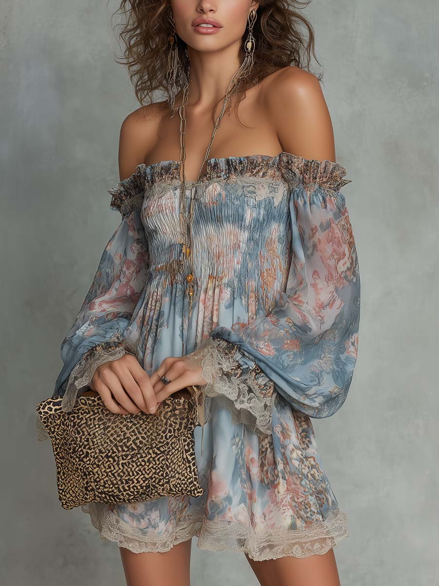 Romane | Mini-jurk in mousseline met plooien, off-shoulder en romantische bloemen