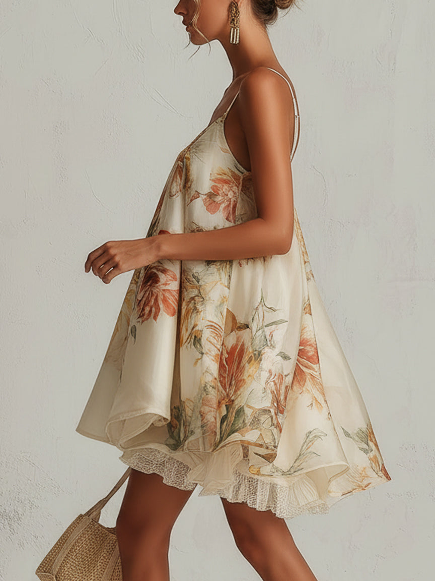 Blanche | Mini-trapeze-jurk van bloemenorganza in beige met kantenzoom