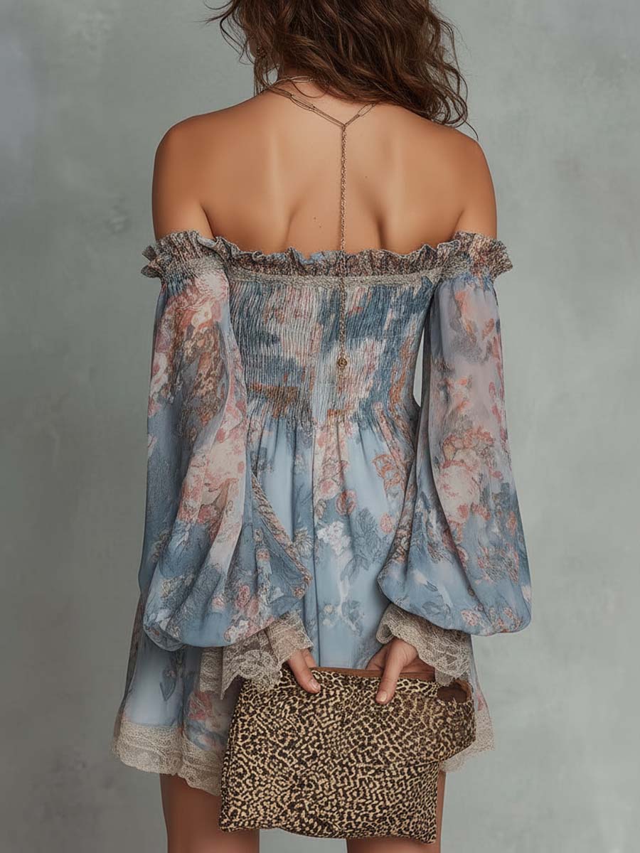 Romane | Mini-jurk in mousseline met plooien, off-shoulder en romantische bloemen