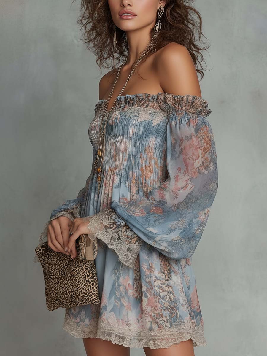 Romane | Mini-jurk in mousseline met plooien, off-shoulder en romantische bloemen