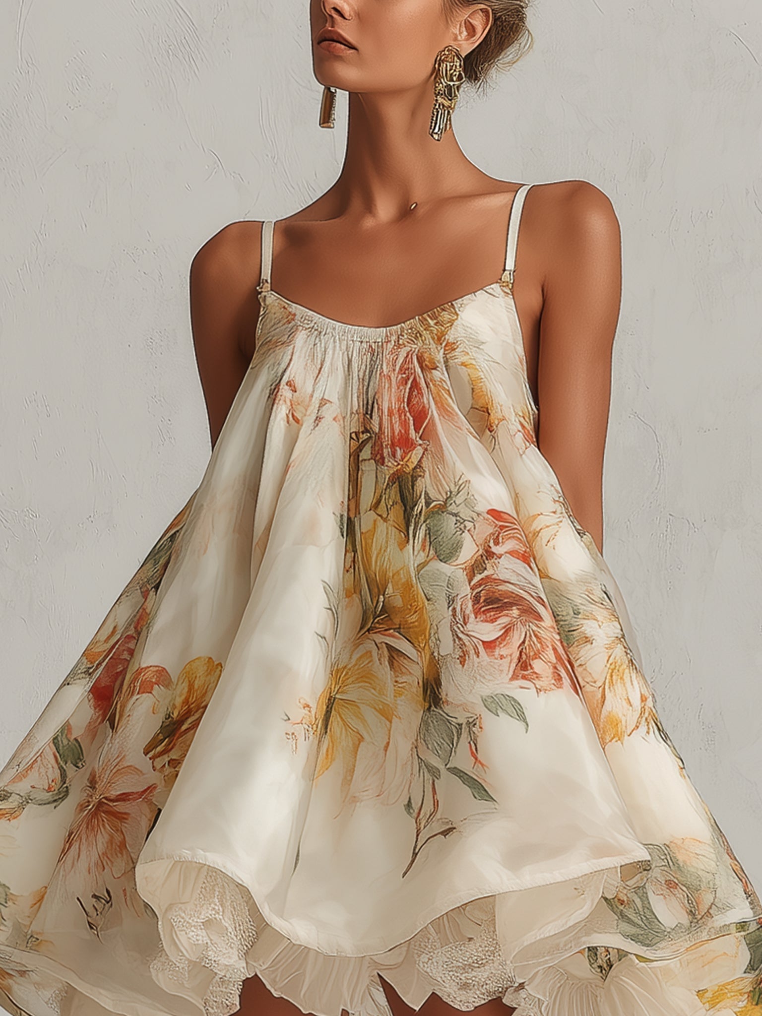Blanche | Mini-trapeze-jurk van bloemenorganza in beige met kantenzoom