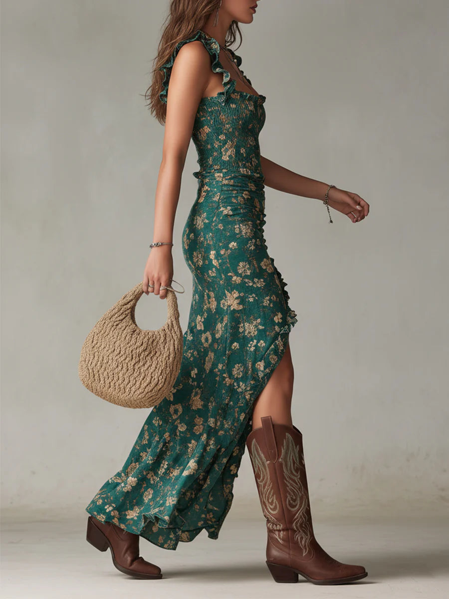 Groene Maxi Jurk met Print en Pofmouwen