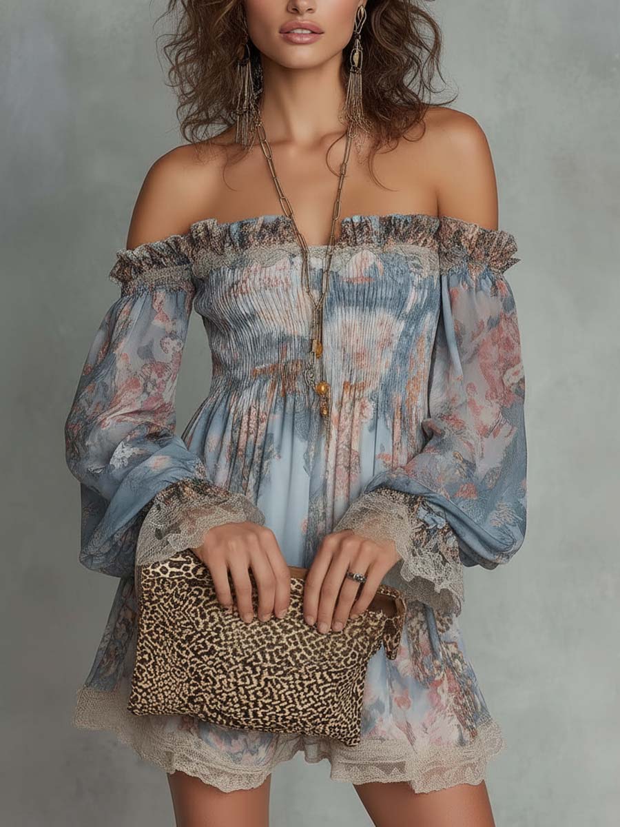 Romane | Mini-jurk in mousseline met plooien, off-shoulder en romantische bloemen