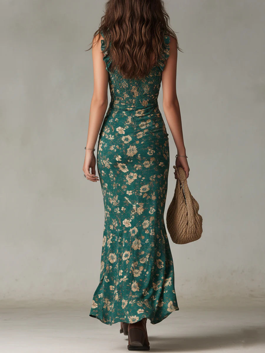 Groene Maxi Jurk met Print en Pofmouwen