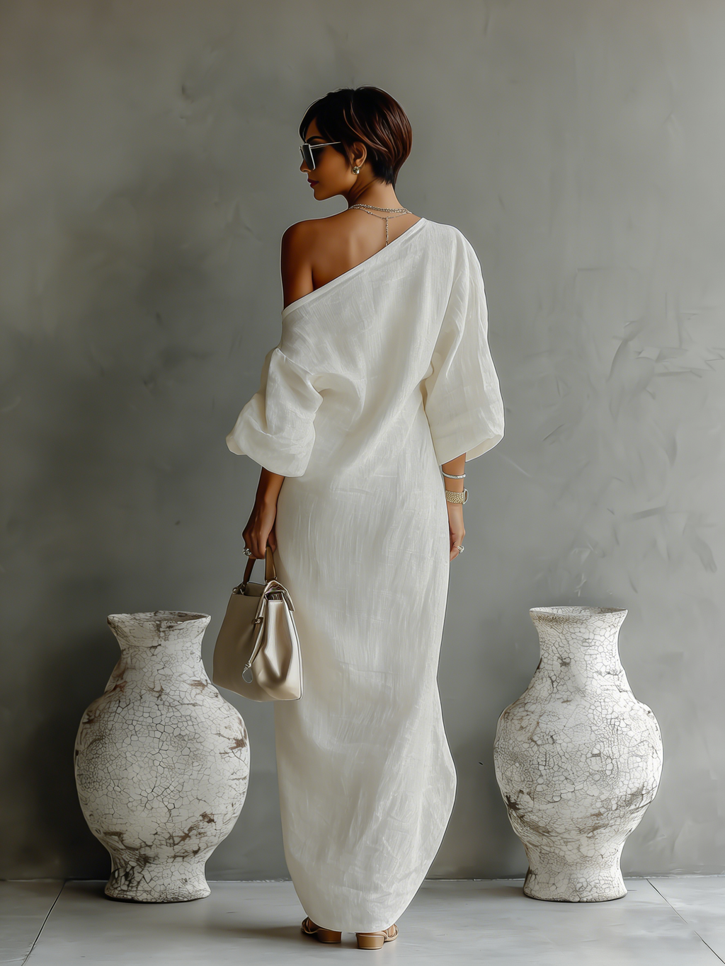 ivoren linnen jurk off-shoulder