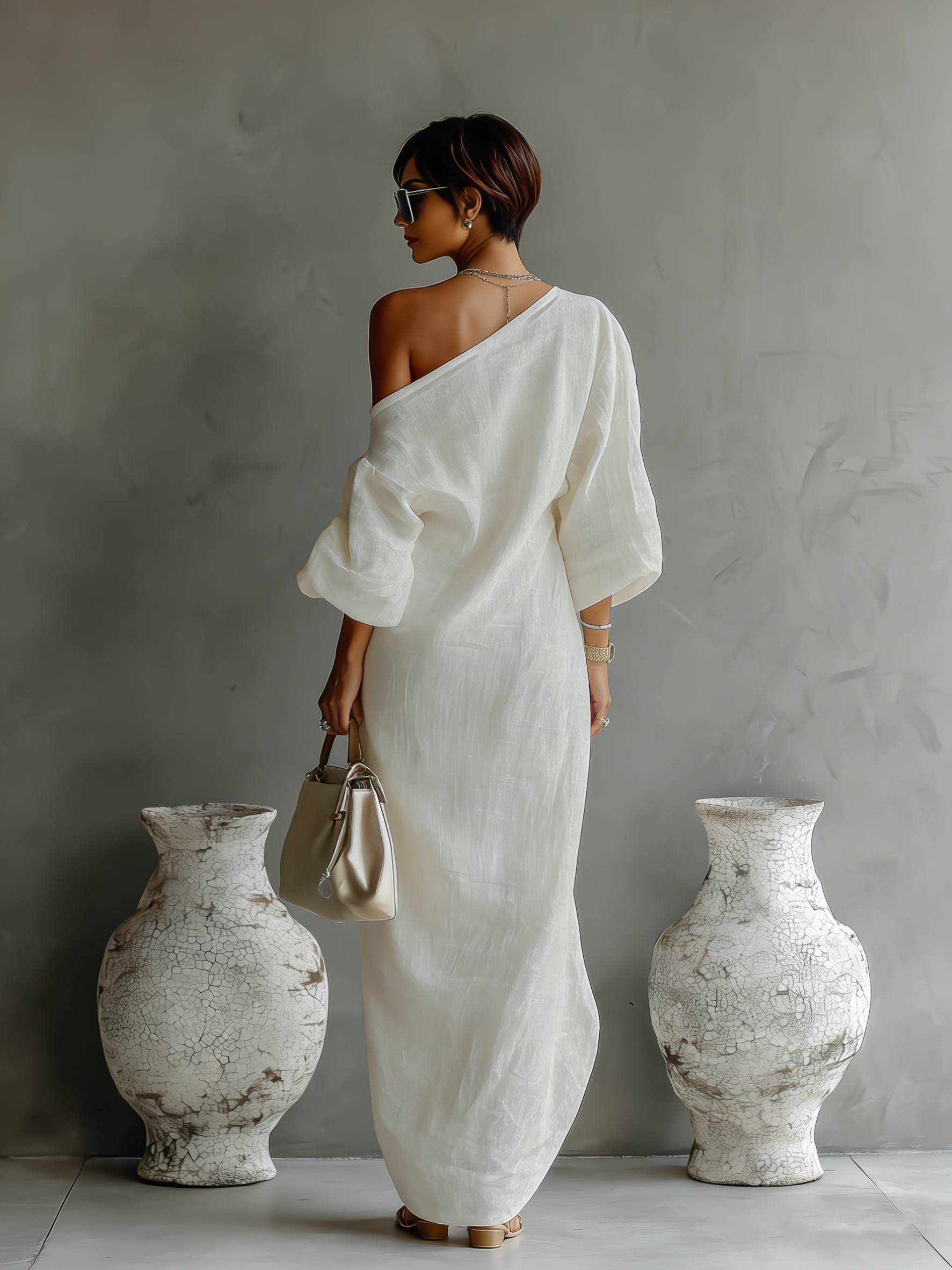 ivoren linnen jurk off-shoulder