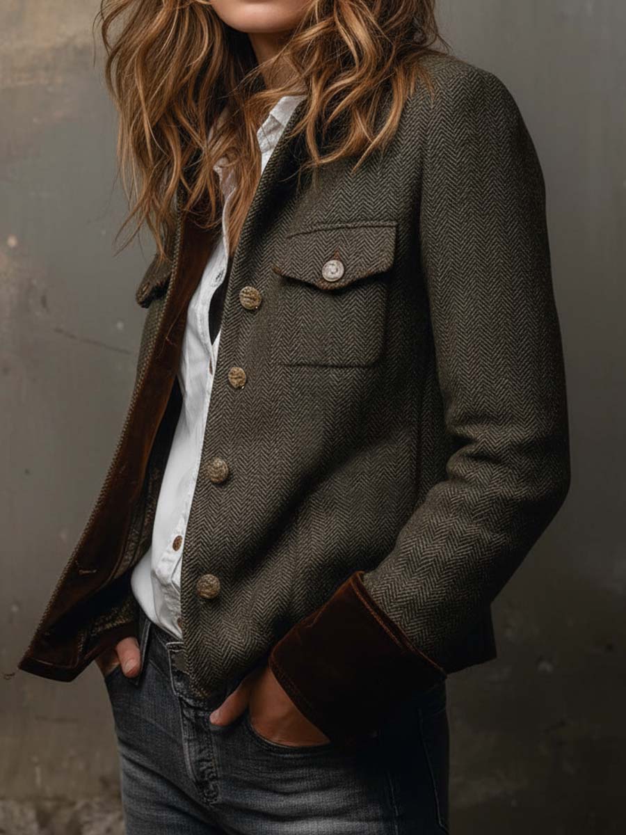 Louise | Vintage Blazer met Chevronpatroon en Contrasterende Boorden