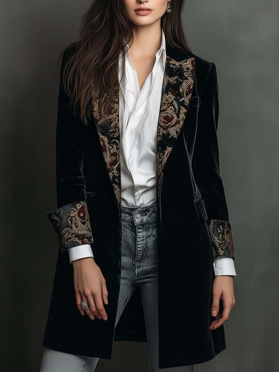 Slim Fit Damesblazer in het Zwart met Revers en Barokprint