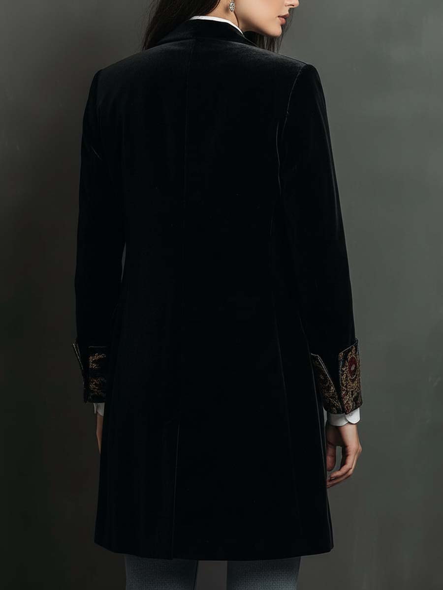 Slim Fit Damesblazer in het Zwart met Revers en Barokprint