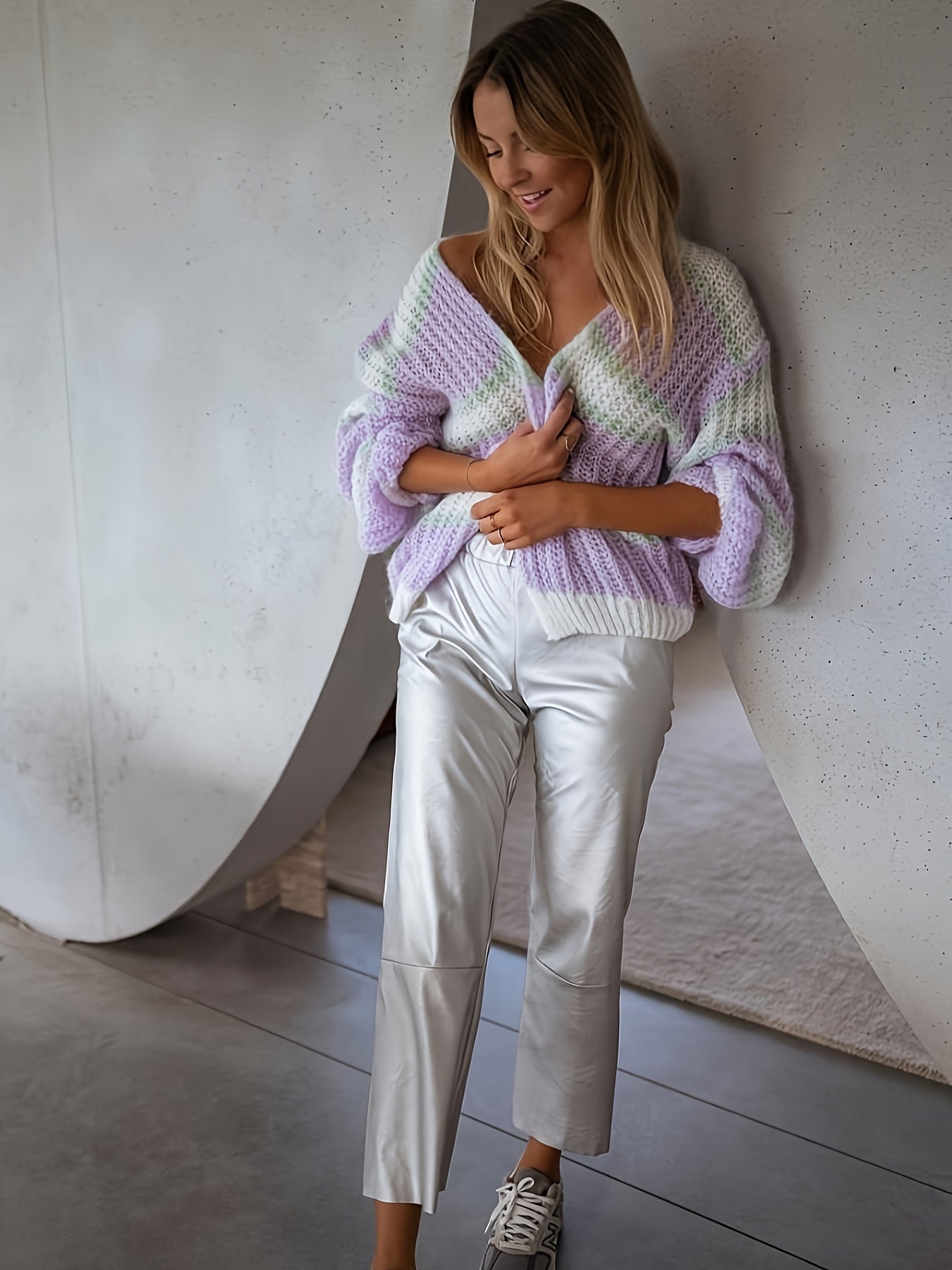 Axelle™ — Gestreepte Cardigan met Lantern Sleeves in Colorblock Pastel