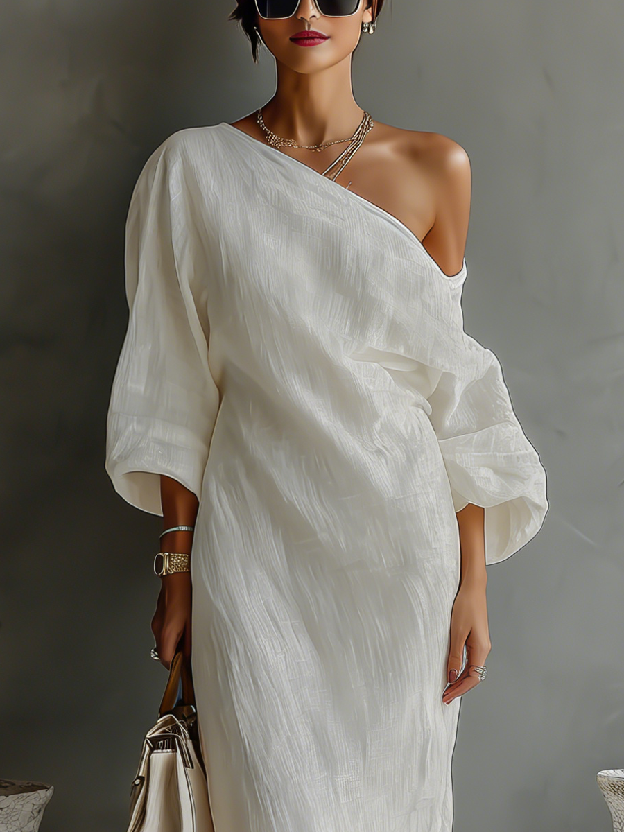 ivoren linnen jurk off-shoulder