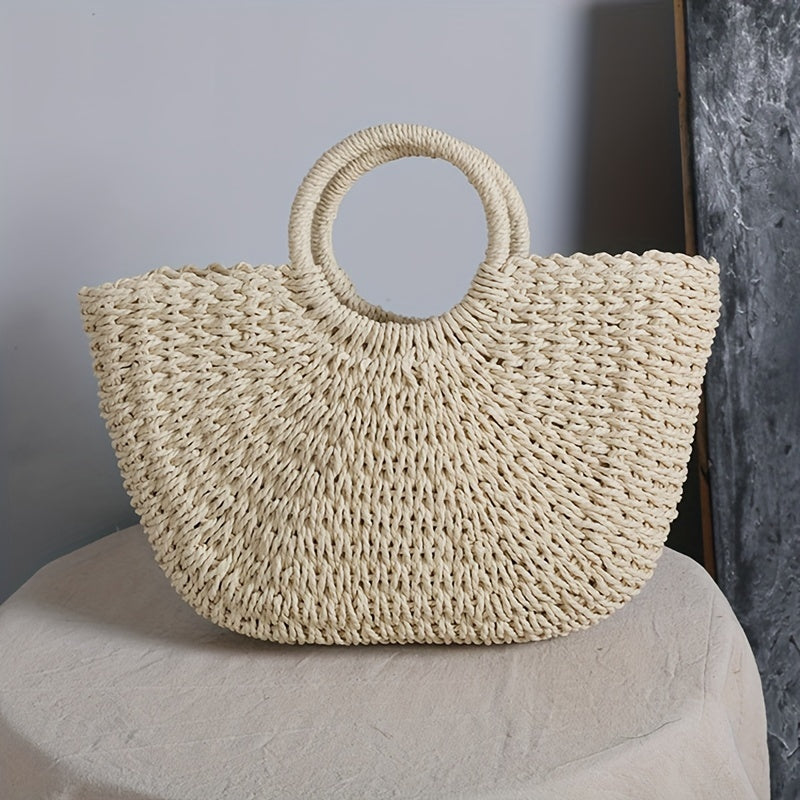 Ottavia | Halvemaanvormige tas van gevlochten stro in beige naturel