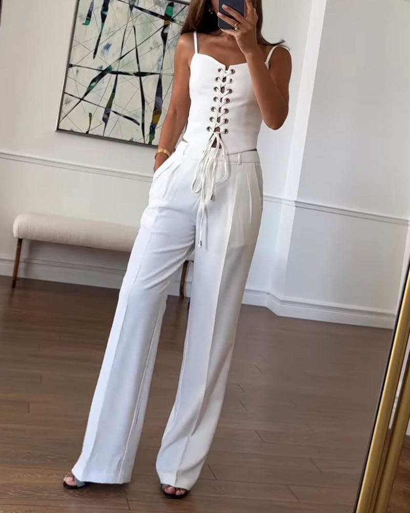 Romy™ — Tweedelige Set met Striktop en Wijde Broek