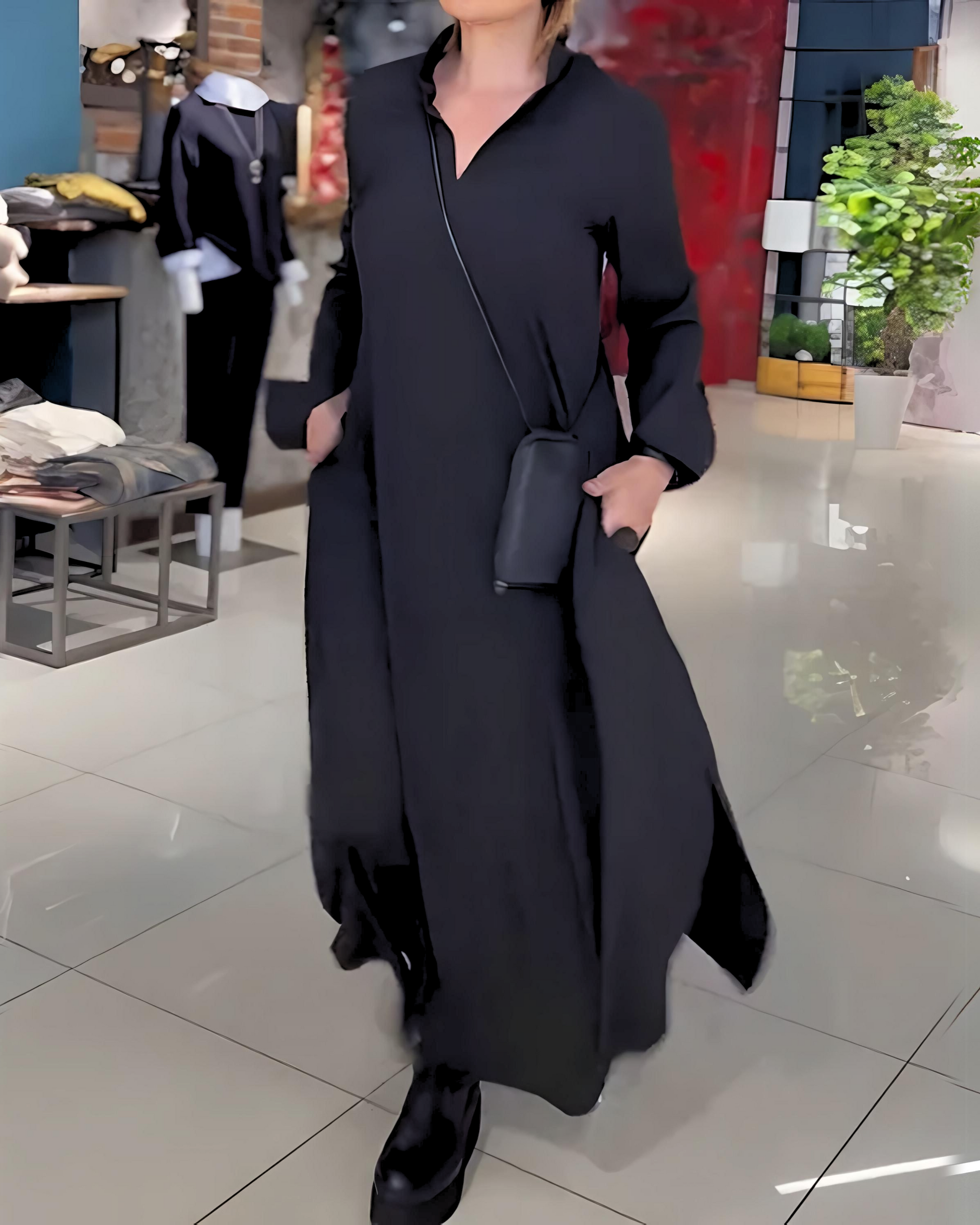 Eva™ — Lange Losse Jurk met Revers en Zijsplit