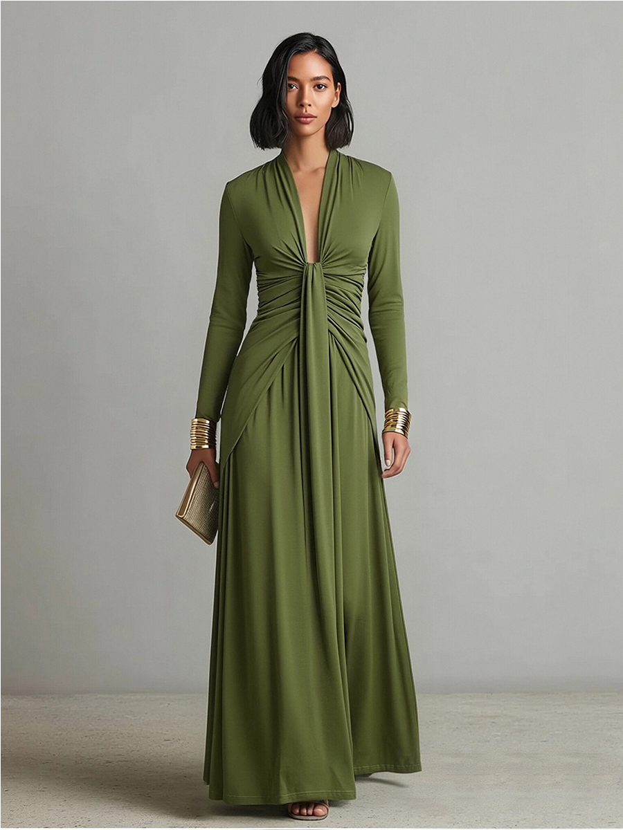 Oliv zijde maxi-jurk met V-hals