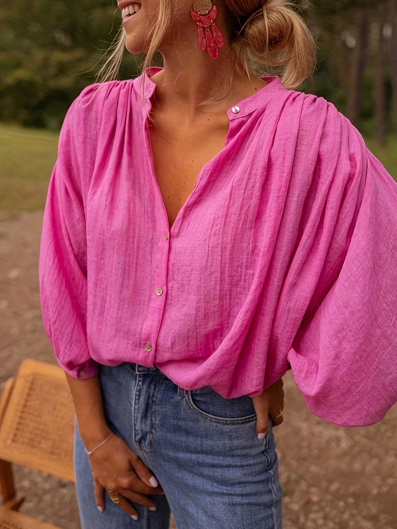 Édith™ — Tuniekblouse met V-Hals en 3/4 Mouwen in Fuchsiaroze