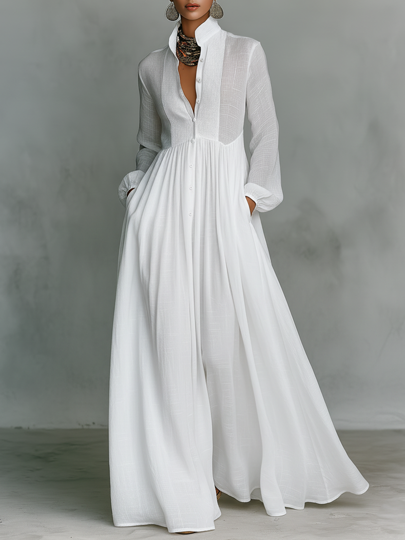 Patchwork linnen maxi-jurk met staande kraag