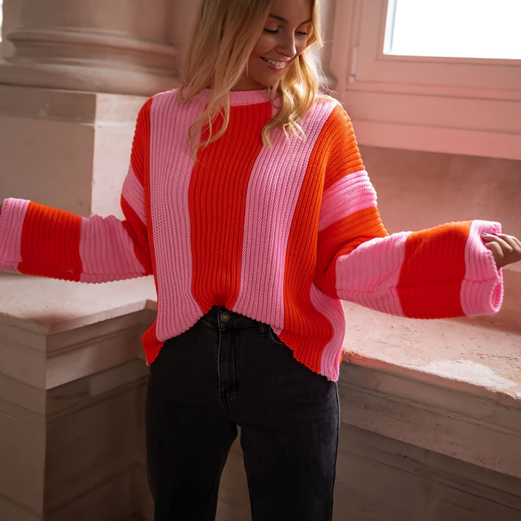 Capucine™ — Gestreepte Colorblock Trui in Roze & Oranje
