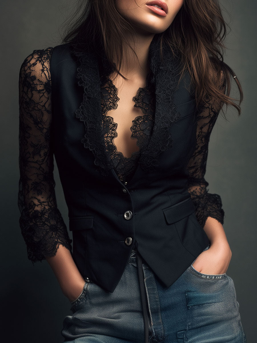 Sophie | Elegante Zwarte Blazer met Semi-Transparante Mouwen