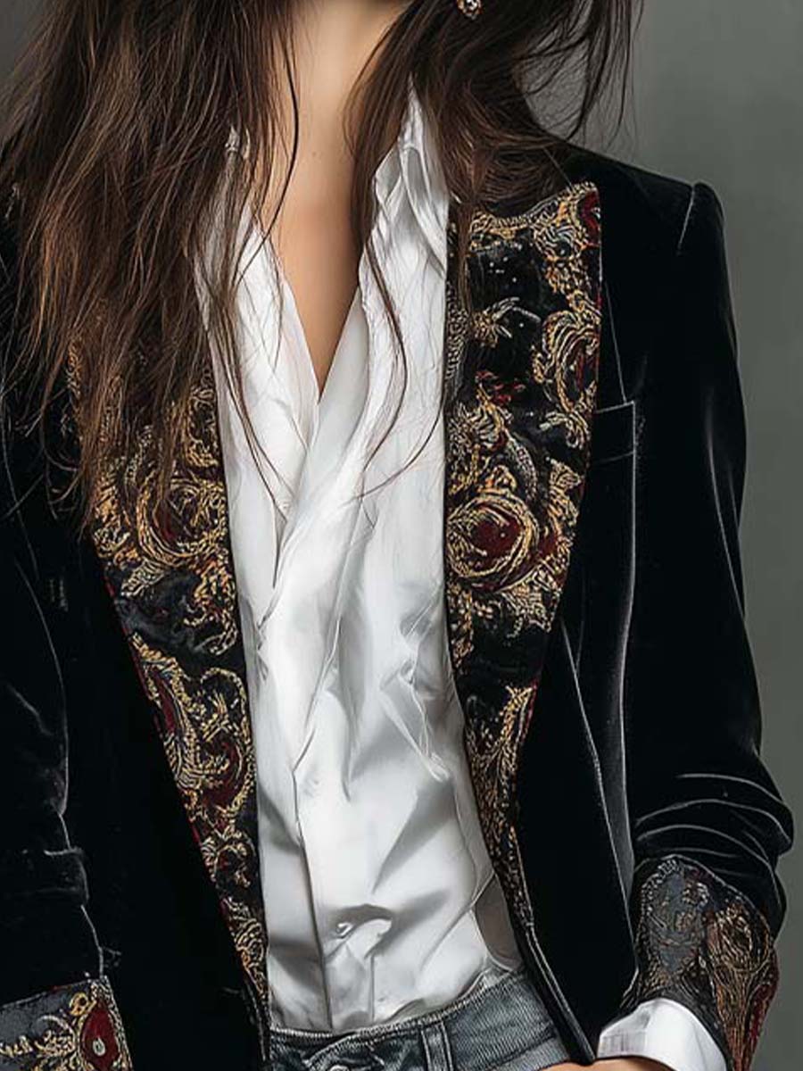 Slim Fit Damesblazer in het Zwart met Revers en Barokprint