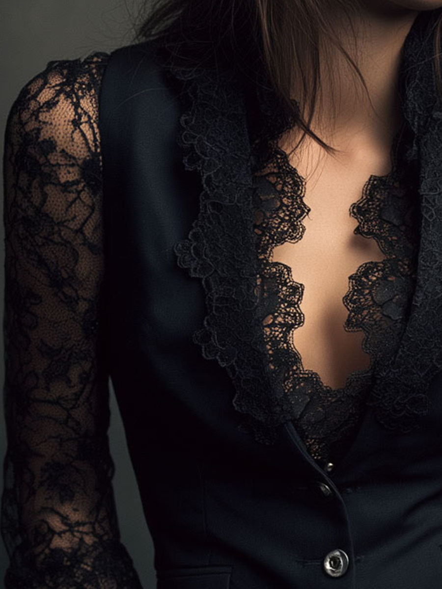 Sophie | Elegante Zwarte Blazer met Semi-Transparante Mouwen