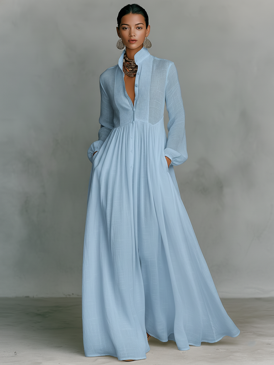Patchwork linnen maxi-jurk met staande kraag