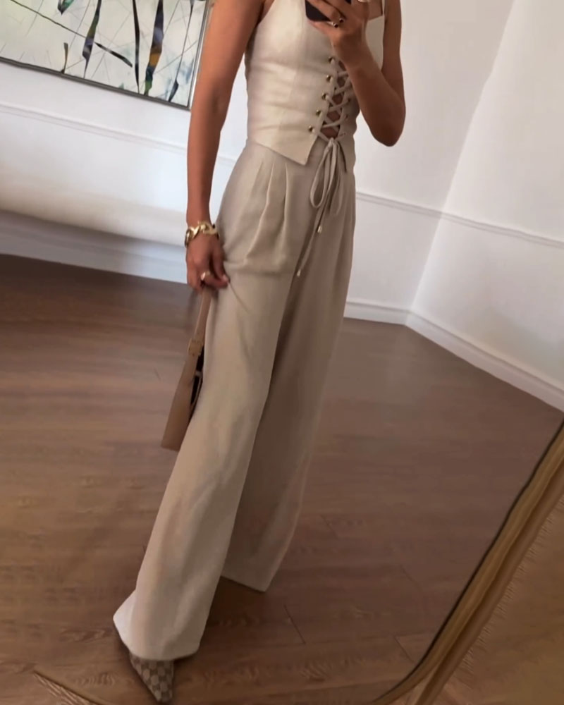 Romy™ — Tweedelige Set met Striktop en Wijde Broek