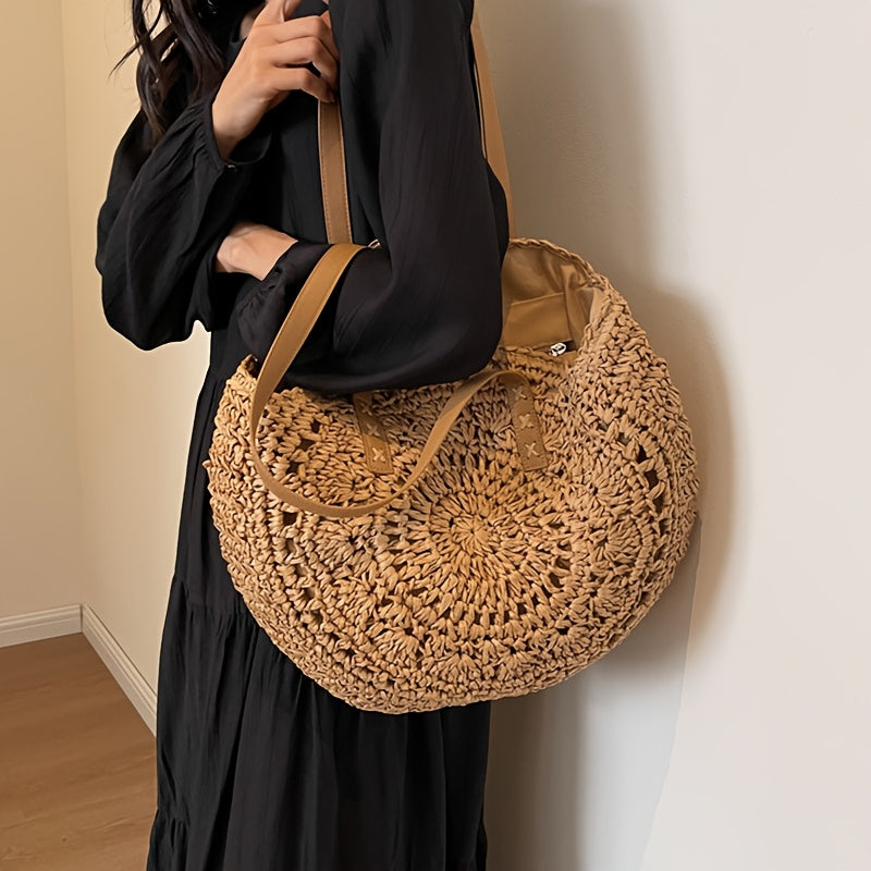 Lola | Ronde tas van gevlochten stro met motief — cognac