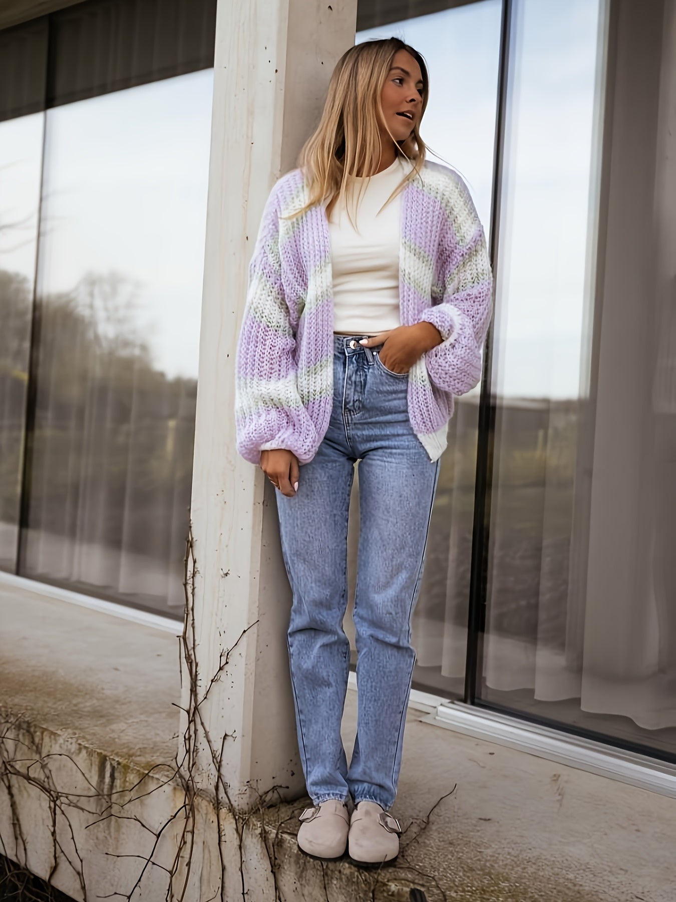 Axelle™ — Gestreepte Cardigan met Lantern Sleeves in Colorblock Pastel