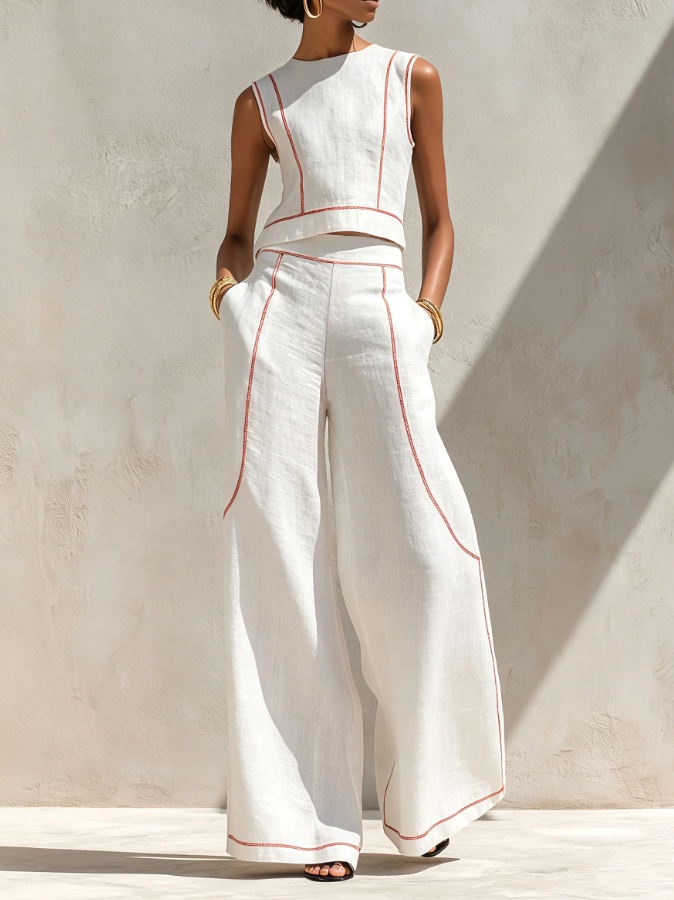 Giulia | Witte set met mouwloze top en broek met wijde pijpen