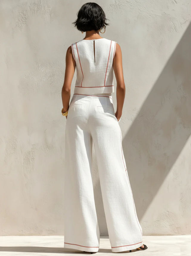 Giulia | Witte set met mouwloze top en broek met wijde pijpen