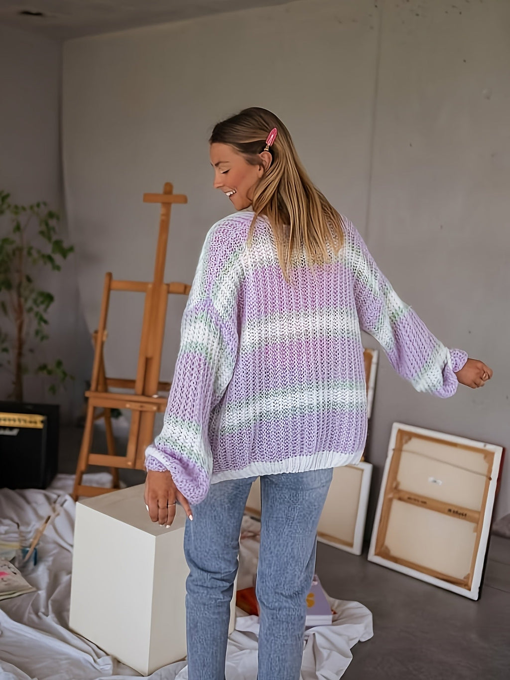Axelle™ — Gestreepte Cardigan met Lantern Sleeves in Colorblock Pastel