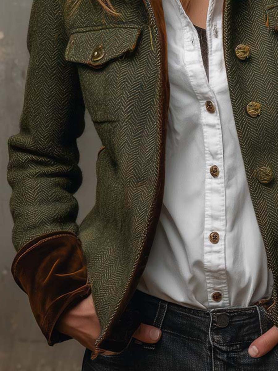 Louise | Vintage Blazer met Chevronpatroon en Contrasterende Boorden