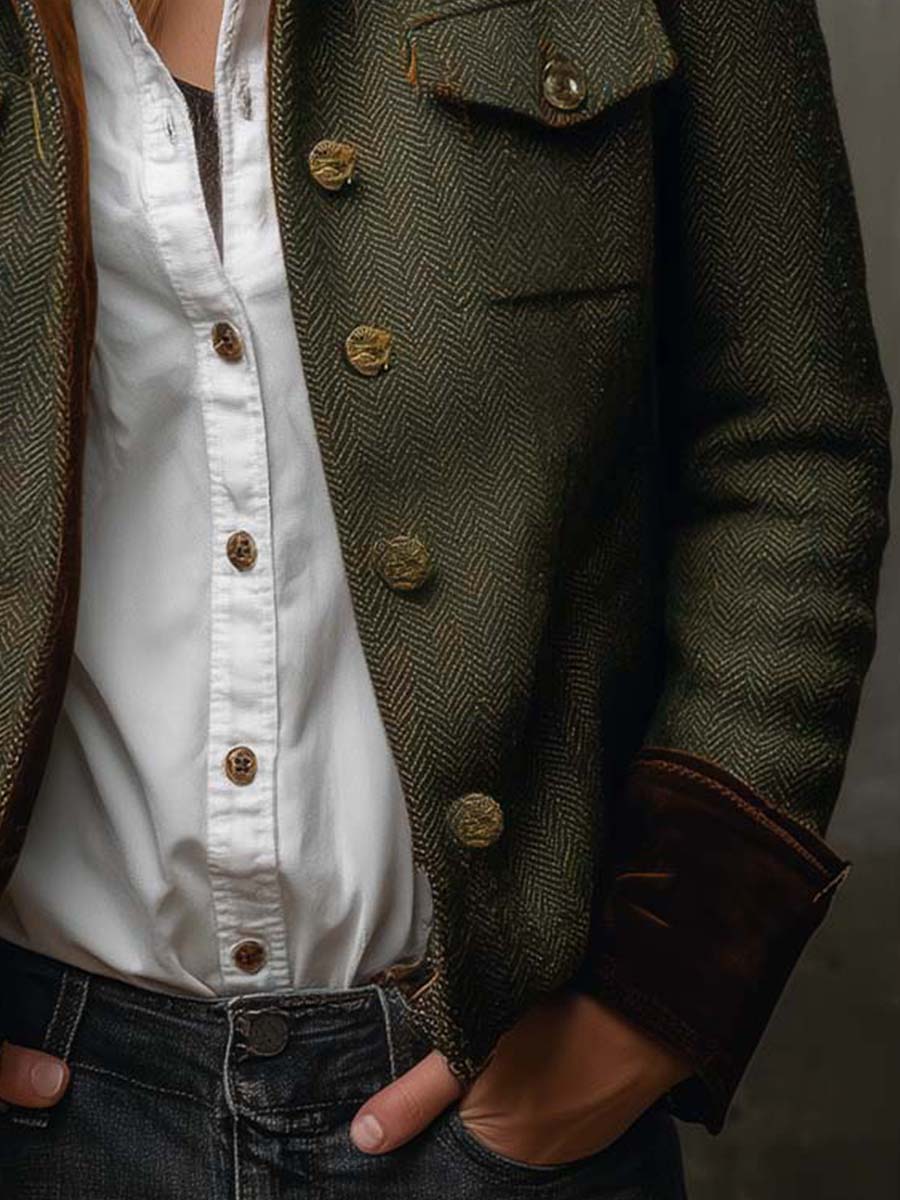 Louise | Vintage Blazer met Chevronpatroon en Contrasterende Boorden