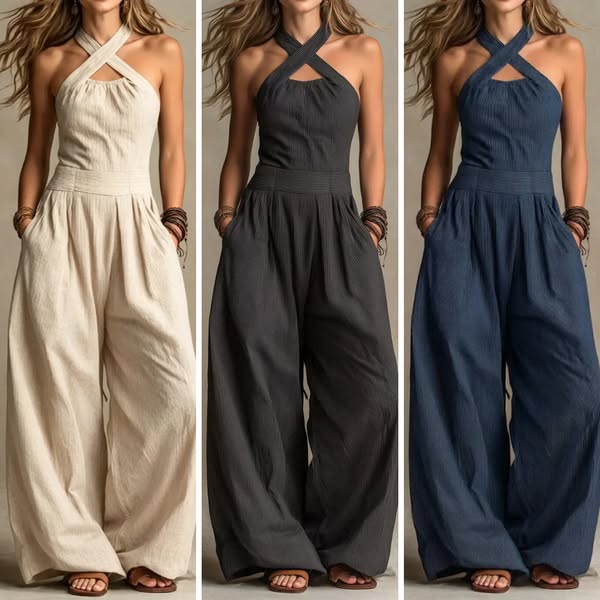 Bianca | Jumpsuit van linnen en katoen met een elegante kruisvormige halslijn
