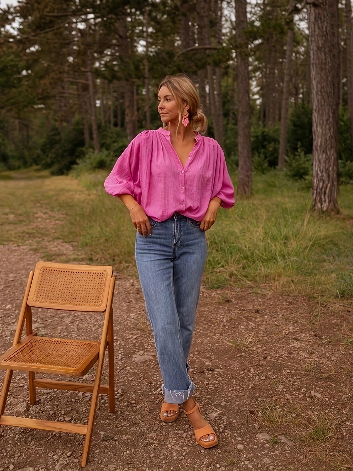 Édith™ — Tuniekblouse met V-Hals en 3/4 Mouwen in Fuchsiaroze