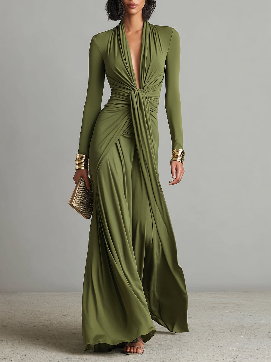 Oliv zijde maxi-jurk met V-hals
