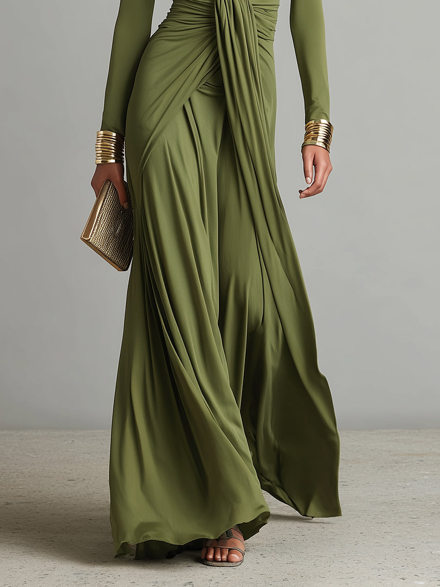Oliv zijde maxi-jurk met V-hals