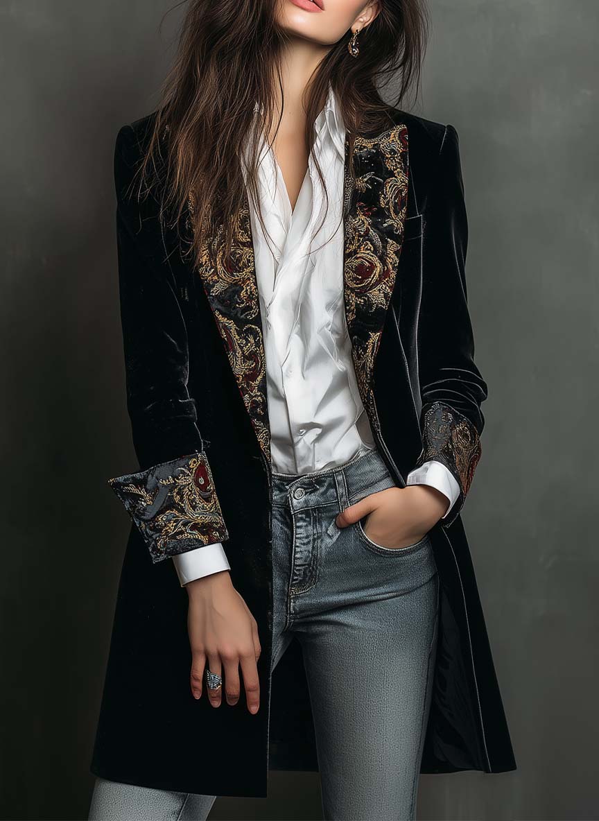 Slim Fit Damesblazer in het Zwart met Revers en Barokprint
