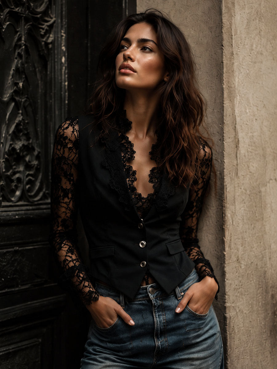 Sophie | Elegante Zwarte Blazer met Semi-Transparante Mouwen