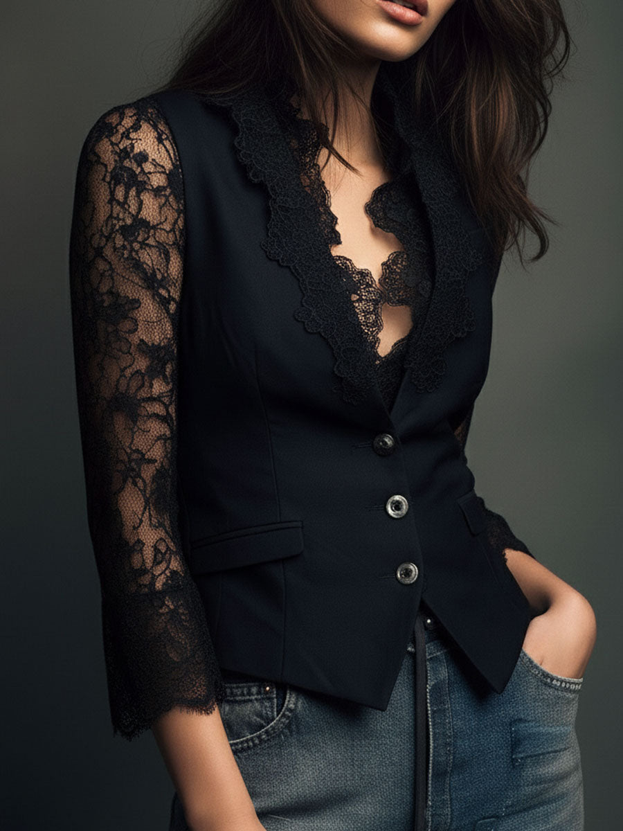 Sophie | Elegante Zwarte Blazer met Semi-Transparante Mouwen