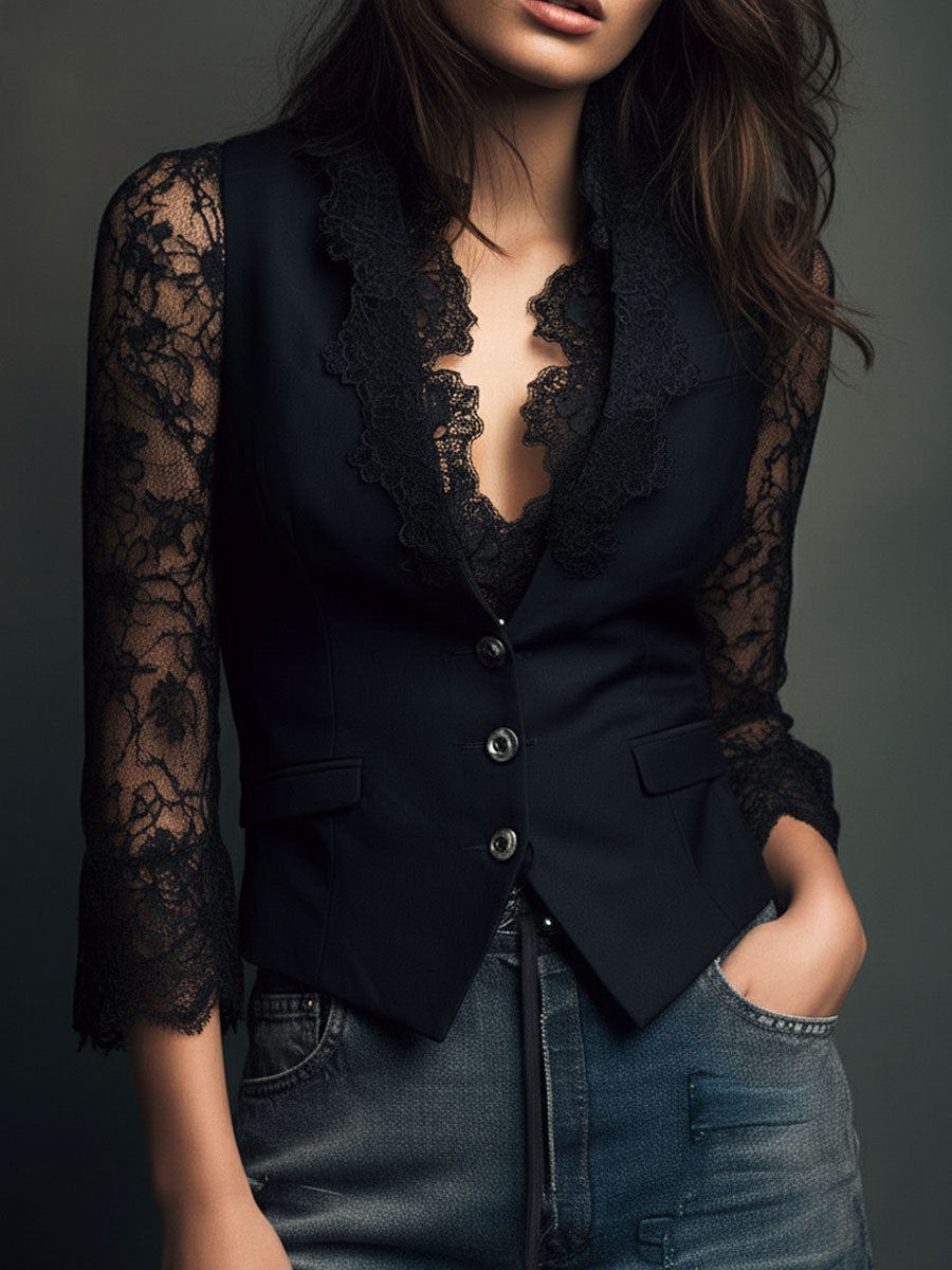 Sophie | Elegante Zwarte Blazer met Semi-Transparante Mouwen