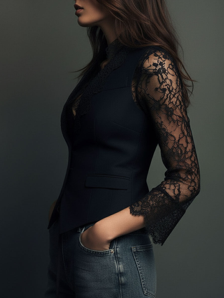 Sophie | Elegante Zwarte Blazer met Semi-Transparante Mouwen