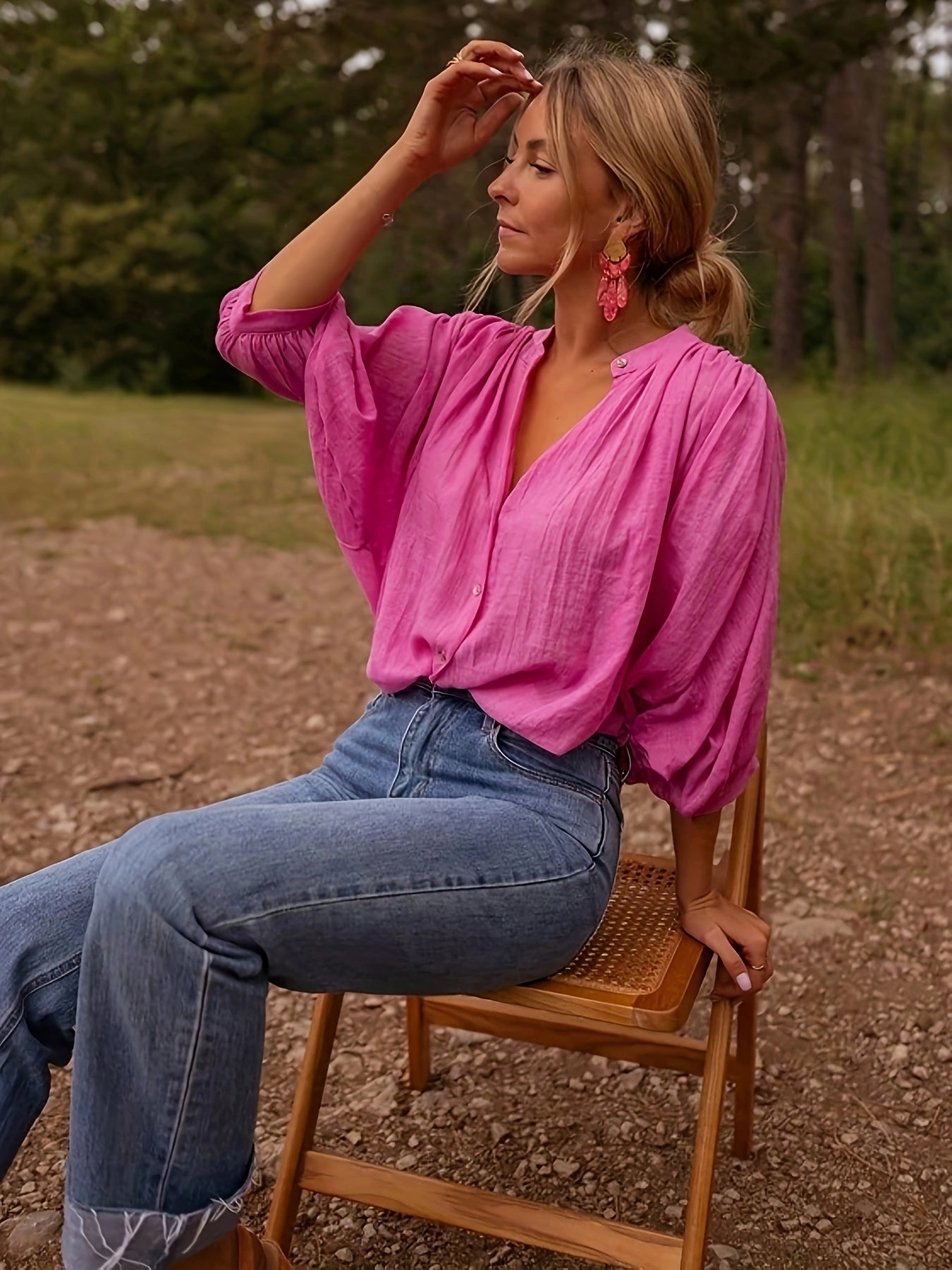 Édith™ — Tuniekblouse met V-Hals en 3/4 Mouwen in Fuchsiaroze