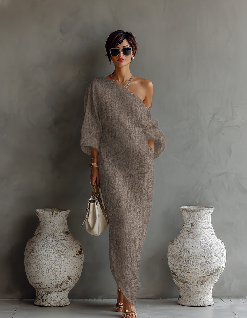 ivoren linnen jurk off-shoulder