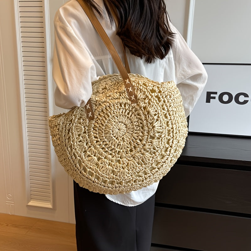 Luigia | Ronde tas van gevlochten stro met motief — Beige naturel