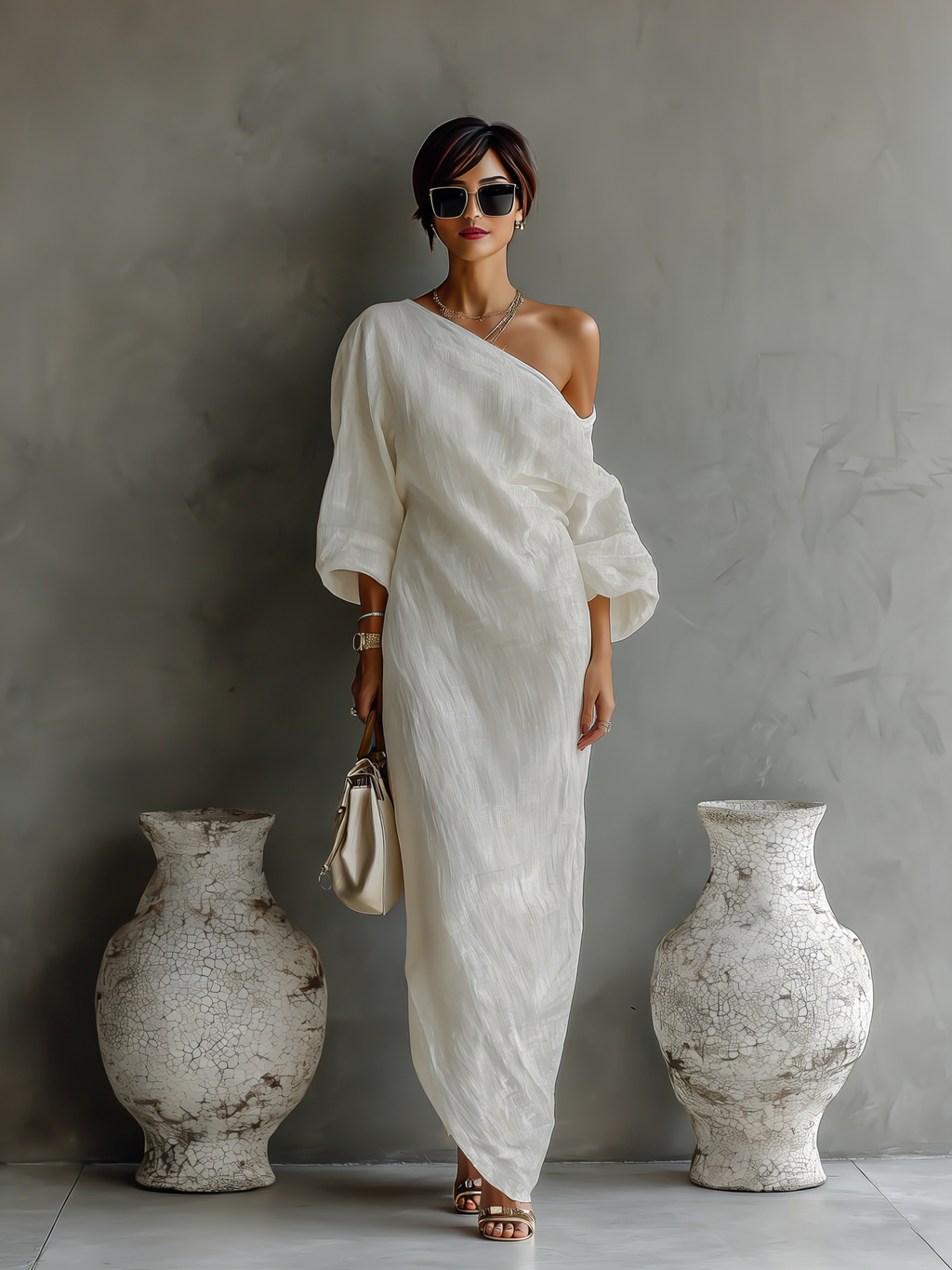 ivoren linnen jurk off-shoulder