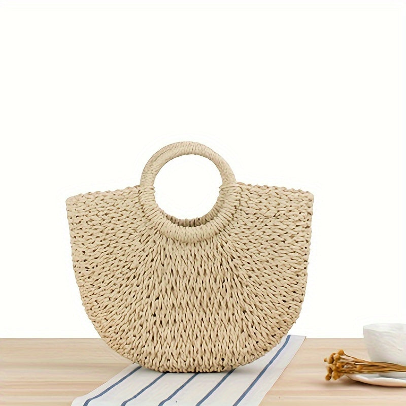 Ottavia | Halvemaanvormige tas van gevlochten stro in beige naturel